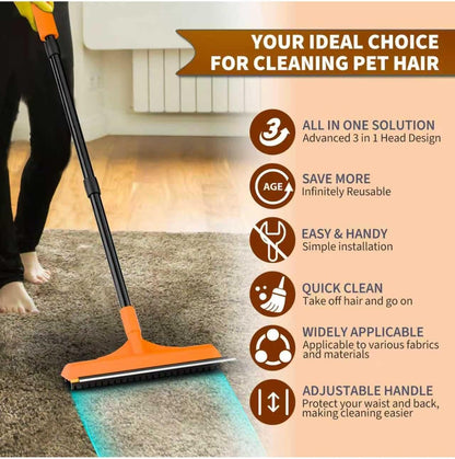 Carpet Rake for Pet Hair Removal - Reusable Dog & Cat Hair Remover with 58" Reinforced Steel Handle, 3-in-1 Professional Modular Rug Rake & Scraper Tool for Shag Rugs, Couch, Stairs (Gray)