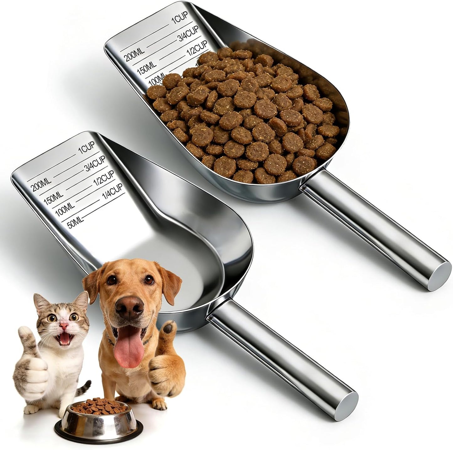 Mity rain Dog Food Scoop Stainless Steel with Long Handle, Precise Dog Food Measuring Cup 1, 3/4, 1/2, 1/4 Cup, Pet Scoop for Dogs, Cats, Rabbits, Animals, Metal Spoon for Dog Food Storage