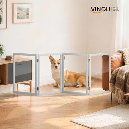 VINGLI Clear Acrylic Freestanding Dog Gate, Transparent Pet Fence with Solid Hardwood and Plastic Board, Pet Gates for Christmas Tree Stairs and Doorways (3 Panels)
