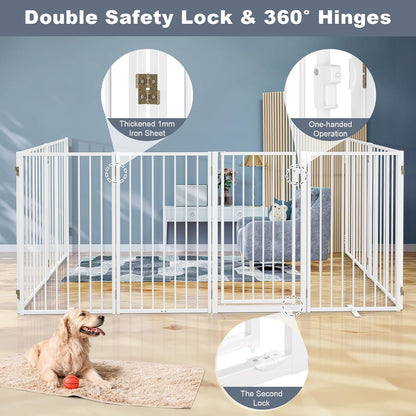 Metal Freestanding Dog Gates with Door for Outdoor Indoor,80'' Extra Wide 32'' Tall Free Standing Dog Gate for Doorways,Large Openings,Deck,Yard,Foldable Safety Pet Fence(Black,4 Panels)