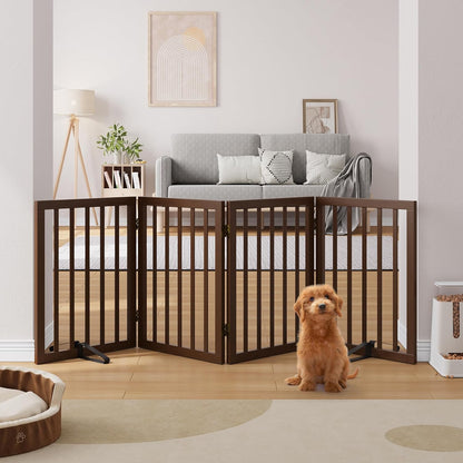 Freestanding Dog Gates Indoor, 3-Panel Pet Gates with 2 Metal Stands and 360° Hinge, 24" H Foldable Dog Gate for Stairs, Doorway, Kitchen, Expands Up to 55" Fully Assembled - Black Walnut