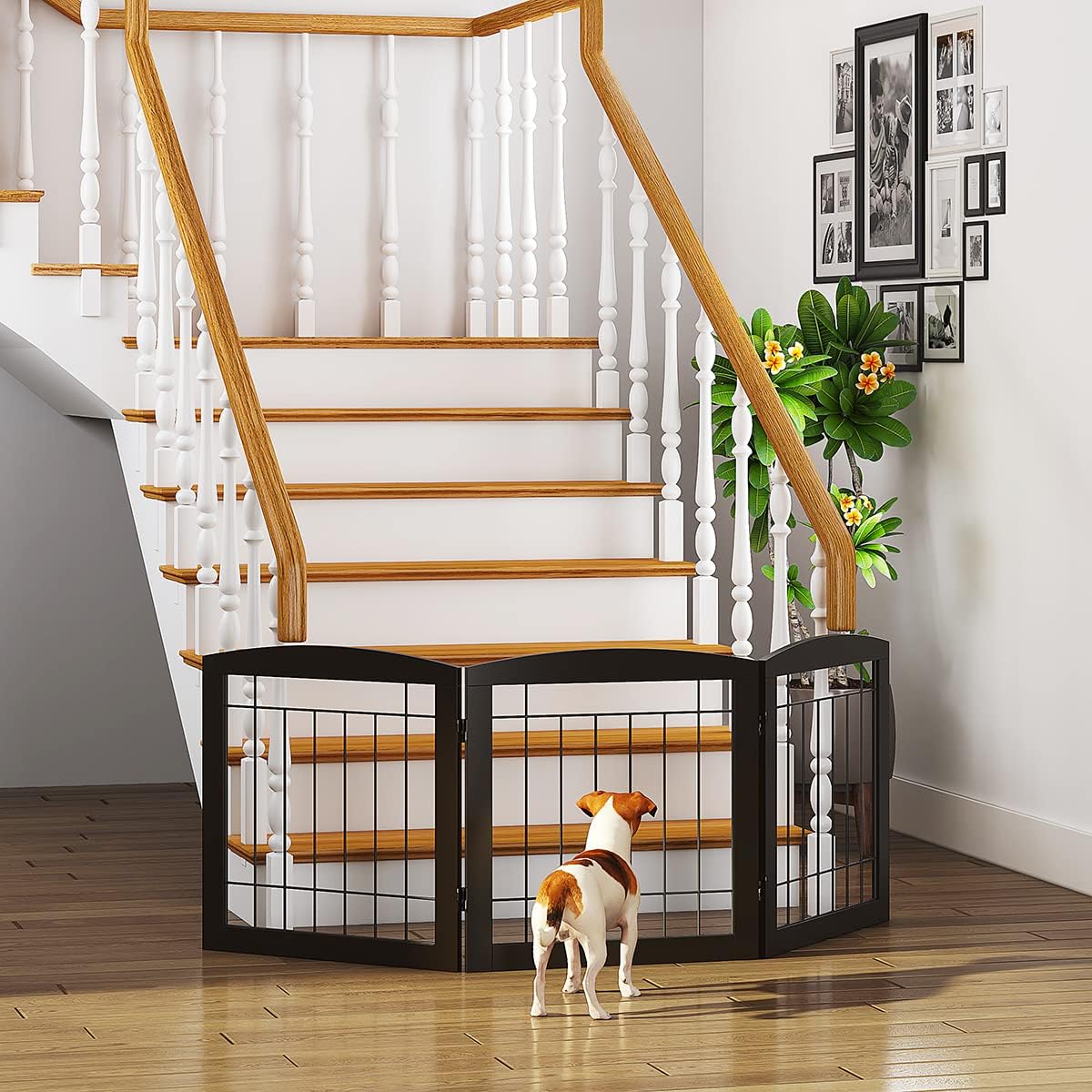 PAWLAND Free Standing Dog Gates for The House Stairs Doorways Indoor Foldable Wooden Small White Puppy Pet Gate Step Over Fence 60" W 24" H 3 Panels