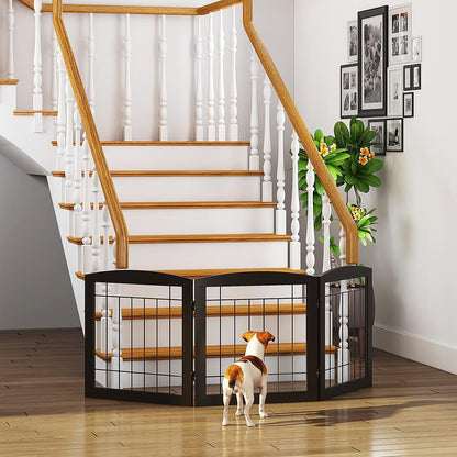 PAWLAND Free Standing Dog Gates for The House Stairs Doorways Indoor Foldable Wooden Small White Puppy Pet Gate Step Over Fence 60" W 24" H 3 Panels