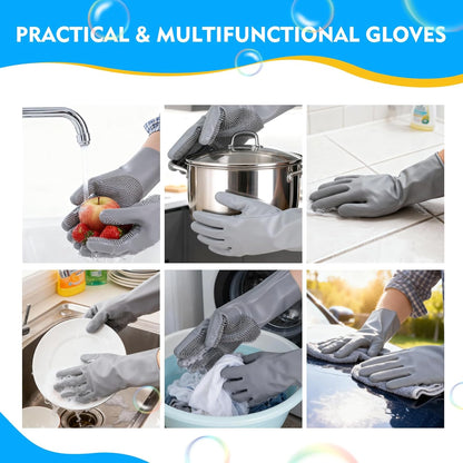 Silicone Dishwashing Gloves with Scrubber Bristles, Food-Grade Cleaning Mitts for Kitchen Dishes, Pet Grooming & Car Wash