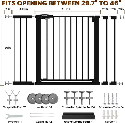 Mumeasy 29.7-46" Baby Gate for Stairs, Pressure Mounted Dog Gate for Doorways, Auto Close Walk Through Pet Gate Indoor, Extra Wide Metal Child Safety Gate, Mom's Choice Awards Winner, Black
