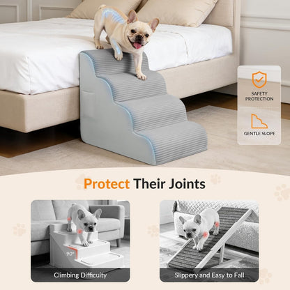 Dog Stairs for High Beds Up to 30" H with Tunnel,Extra Height 27.5" 5-Step Pet Steps for Small Dogs and Cats, Non-Slip Sturdy Dog Ramp with Anti-Tip Safety Strap and Removable Cover