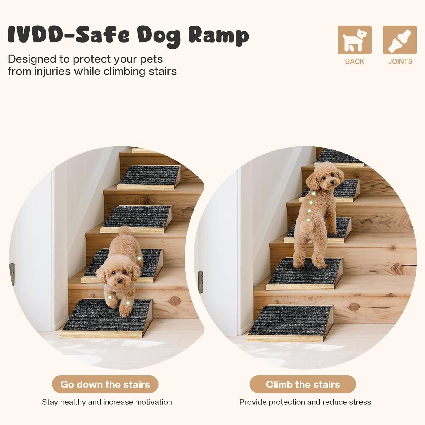 4-Pack Wooden Dog Ramp for Stairs, Anti-Slip Pet Steps for Small Dogs with Carpet Surface, Low-Angled Pet Ramps for Staircase, Steps and Stairs Assist for Injured & Aged Pets, Stairs Ramp for Dogs