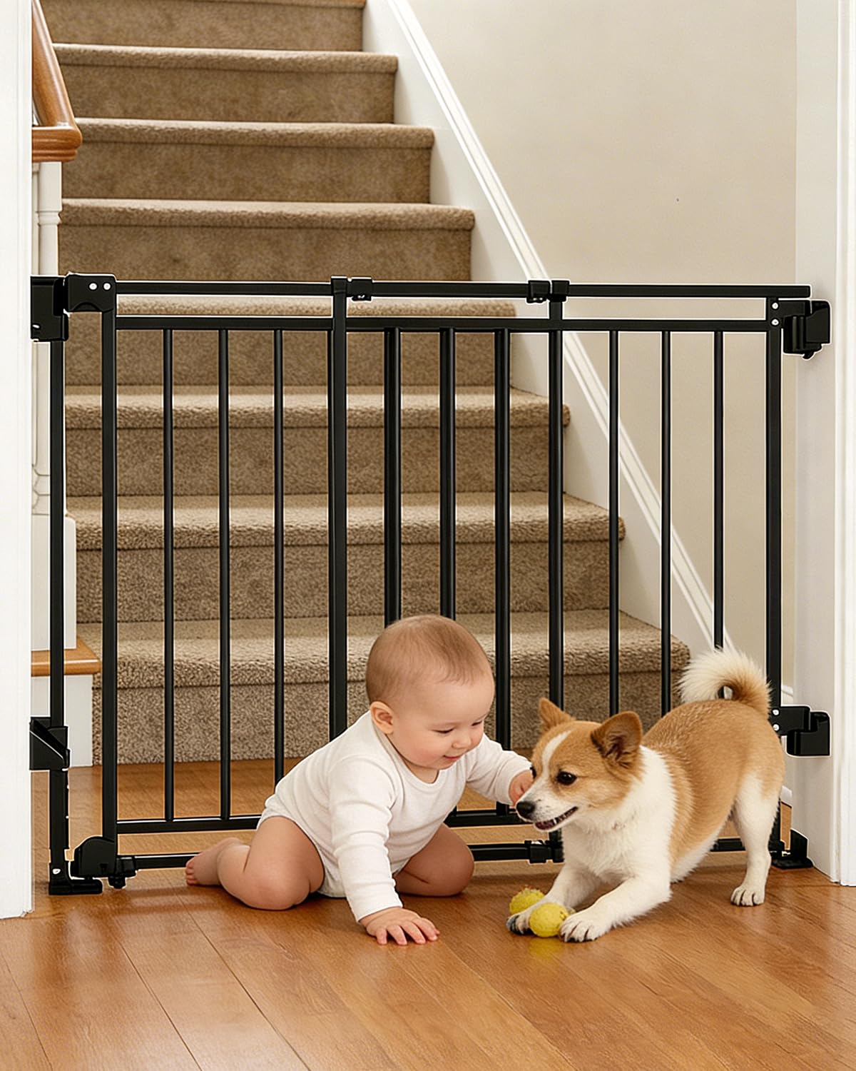 Extra Wide Baby Gate for Doorways 29" Tall Safety Gate for Kids&Pets,Pressure Mounted with Auto Close,Walk-Thru Metal Gate,Adjustable Width 26.4"-43",Indoor Pet Gate for Stairs & Hallways Black