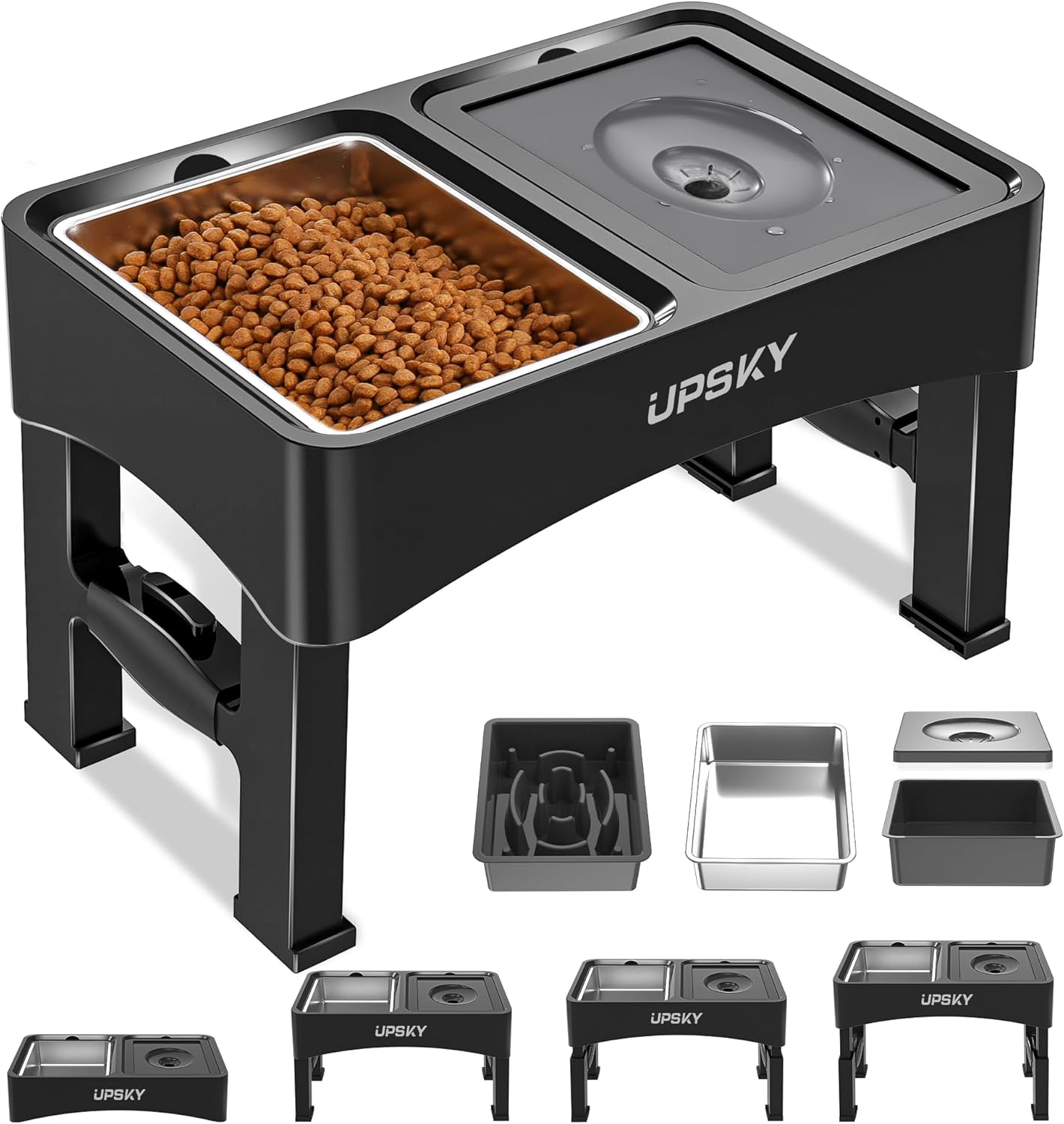 UPSKY 2-in-1 Elevated Dog Bowls Slow Feeder, 4 Height Adjustable Raised Bowl Stand, No Spill Dog Water Bowls, Anti-Slip Food and Water Bowls for Small Medium Dogs(Not Include Stainless Steel Bowl)