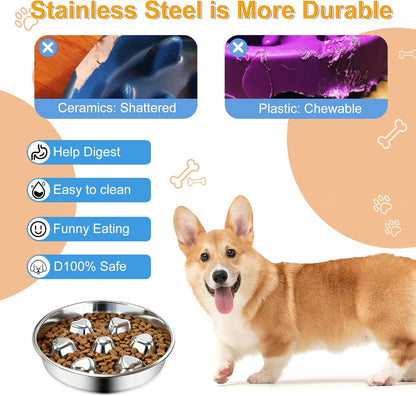 Stainless Steel Slow Feeder Dog Bowls,2 Pcs Slow Food Bowl for Dog & Cat - 2 Cups Capacity,Bone-Shaped Design Pet Food Holder,Metal Non-Slip Lick Plate,Puzzle Maze Dish for Small & Medium Sized Breeds