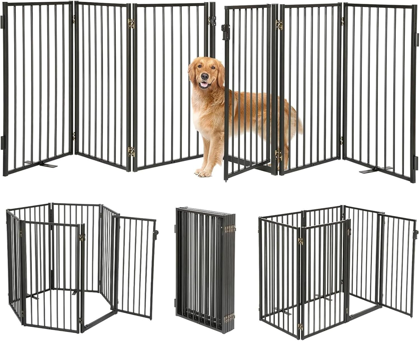Metal Freestanding Dog Gates with Door for Outdoor Indoor,80'' Extra Wide 32'' Tall Free Standing Dog Gate for Doorways,Large Openings,Deck,Yard,Foldable Safety Pet Fence(Black,4 Panels)
