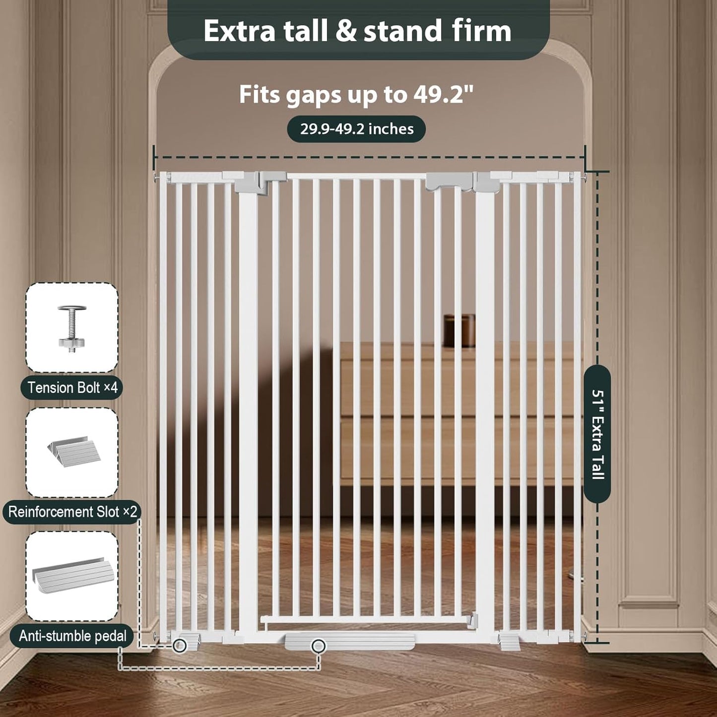 51'' Extra Tall Cat Gate for Doorways 30-40.9'' Wide, Climb Proof Pet Dog Gates for Kitten Dogs, Pressure Mounted No Drilling Cats Fence Barrier White