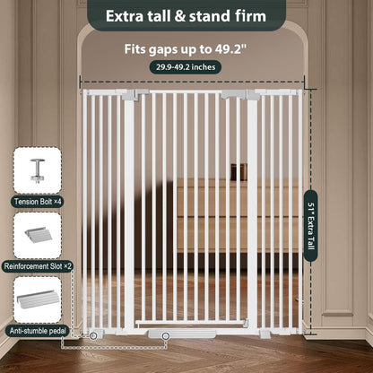 51'' Extra Tall Cat Gate for Doorways 30-40.9'' Wide, Climb Proof Pet Dog Gates for Kitten Dogs, Pressure Mounted No Drilling Cats Fence Barrier White