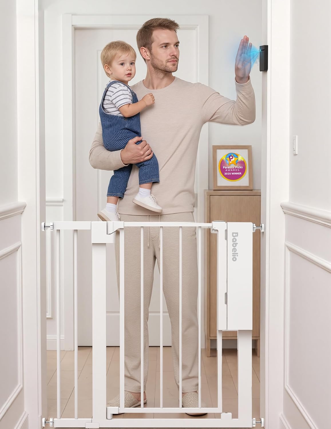 Babelio Smart Baby Gate with Auto-Unlock/Close, Pressure Mounted No Drill for Doorways/Top of Stairs. Pet/Dog Door Wide Walk Thru w/Infrared Sensor & Safety Alert (Black, 26.3-37.8" W, 30" H)
