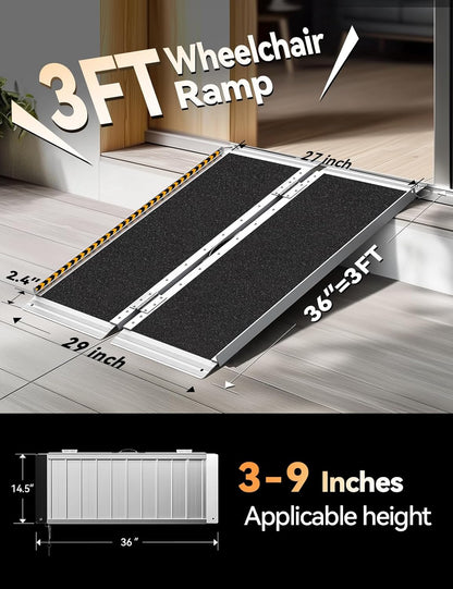 FACHNUO 2 Feet Portable Wheelchair Ramp, Non-Skid Aluminum Handicap Ramps with Handle, Folding Threshold Wheel Chair Ramp for Home Steps, Stairs, Entry, Doorways, Applicable Height 2-6 inches