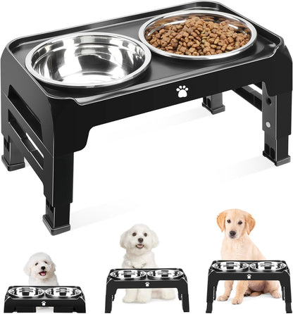 Elevated Raised Dog Bowl Stand with 2 Stainless Steel Bowls, Adjustable Height for Medium Large Dogs, 12.36" - 3.7" Foldable Feeder, Grey