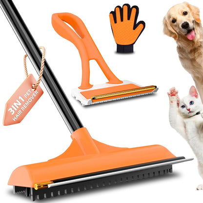 Carpet Rake for Pet Hair Removal - Reusable Dog & Cat Hair Remover with 58" Reinforced Steel Handle, 3-in-1 Professional Modular Rug Rake & Scraper Tool for Shag Rugs, Couch, Stairs (Gray)