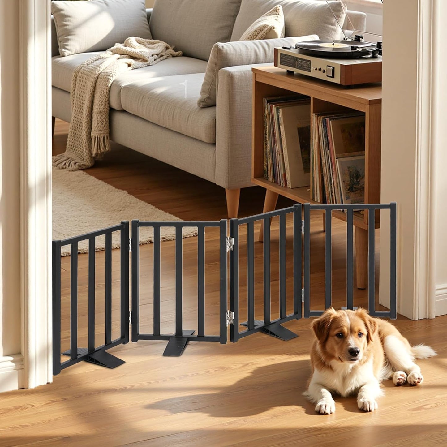 Snagle Paw Short Dog Gate,16.5" Tall Freestanding Metal Dog Gate Only for Small Dogs with Support Feet Easily Step Over,Up to 48" Wide Puppy Gate Indoor for Stairs,Doorways(Black,4 Panel)