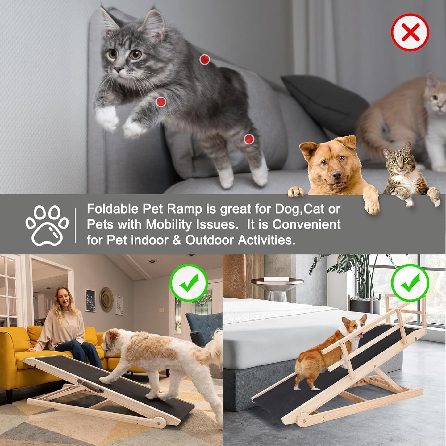 ABORON Antislip Dog Ramp, Adjustable Folding Pet Ramp for Small & Large Old Dogs & Cats, High Traction Portable Rubber Paw Ramps, Supports up to 200 lbs, Used for Bed Couch SUV, 39.3'' Long
