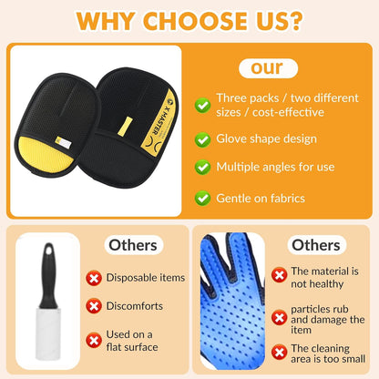 Wortade 3Pcs Pet Hair Removal Glove for Cats & Dogs, Efficient Grooming Gloves for Pet Hair, Cat Grooming Gloves for Hair Removal, Magic Pet Grooming Glove for Couch, Furniture, Carpet, Curtain 2L1S