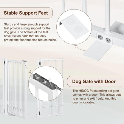 Metal Freestanding Dog Gate with Door, Extra Wide 81", 31" Height Foldable Dog Gates for Doorways, Tall Pet Fence Indoor Pet Gates, 4 Panels Pet Barrier for Stairs Hallways, Black