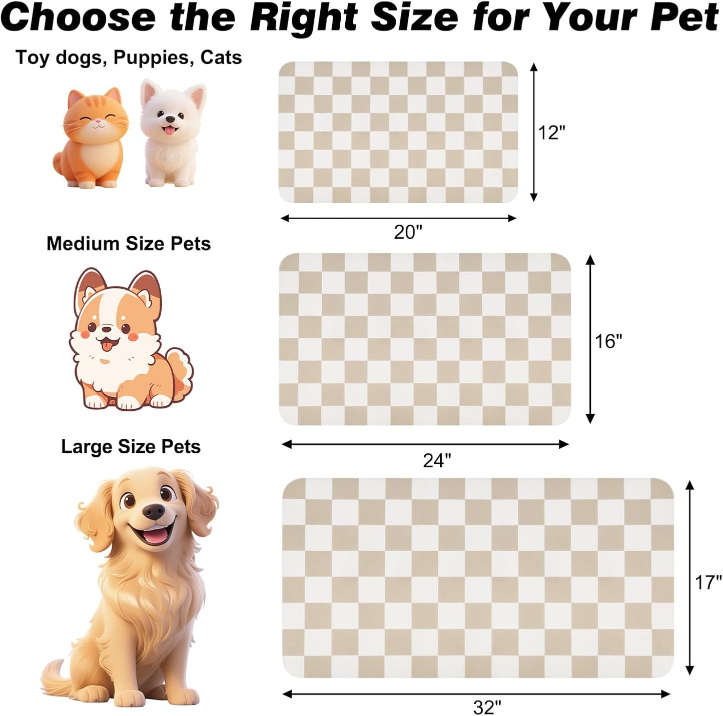 CooRug Checkered Dog Food Mat, Absorbent Leak-Proof Pet Feeding Mat, Quick Dry Cat Food Mat for Messy Drinkers 12" x 20" Khaki