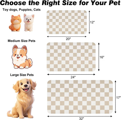 CooRug Checkered Dog Food Mat, Absorbent Leak-Proof Pet Feeding Mat, Quick Dry Cat Food Mat for Messy Drinkers 12" x 20" Khaki