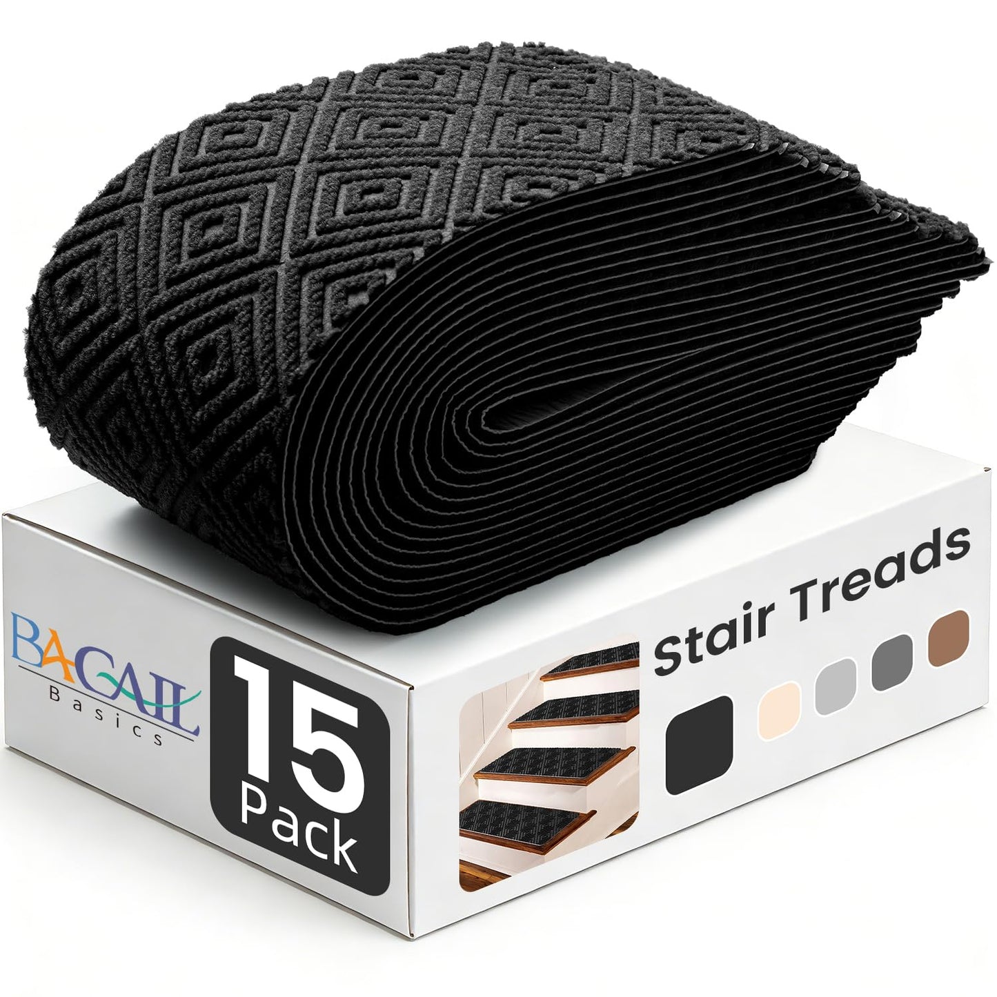 BAGAIL 15 Pack Non-Slip Stair Treads for Wooden Steps, 8"x30" Peel and Stick Carpet Stair Runners, Machine Washable Indoor Step Covers with No-Residue Adhesive for Dogs, Kids & Elderly - Dark Gray