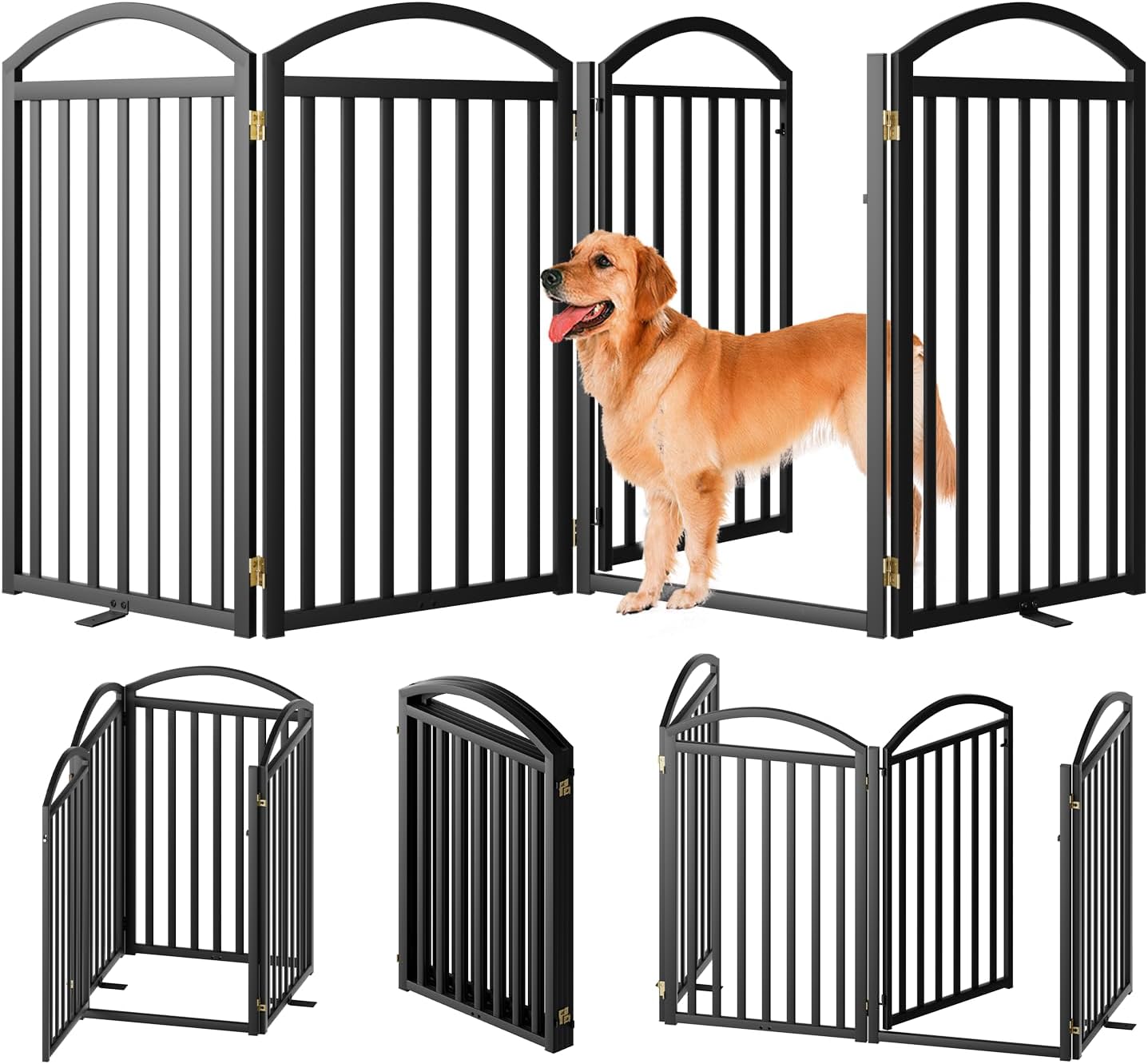 SNUOWU 4 Panels Full Matel Freestanding Dog Gates with Door, 96"Extra Wide 32"Tall Free Standing Dog Pet Gate for Indoor & Outdoor. Foldable Pet Fences for Doorways, House, Stairs, Porch, Deck, Yard