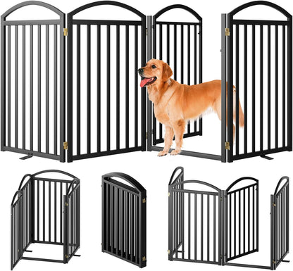 SNUOWU 4 Panels Full Matel Freestanding Dog Gates with Door, 96"Extra Wide 32"Tall Free Standing Dog Pet Gate for Indoor & Outdoor. Foldable Pet Fences for Doorways, House, Stairs, Porch, Deck, Yard