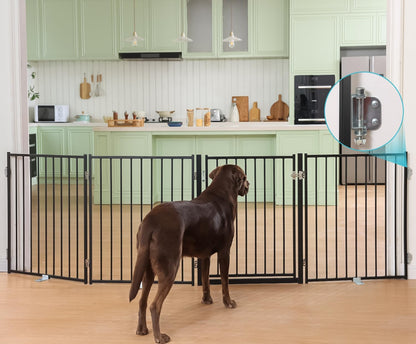 No Pawblems Free Standing Dog Gate with Door, 30'' Tall Foldable Dog Fence for Indoor & Outdoor, Up to 78 Inch Extra Wide Puppy Gate for Stairs, Hallways, Doorways, Deck, Yard (Black, 3 Panels)