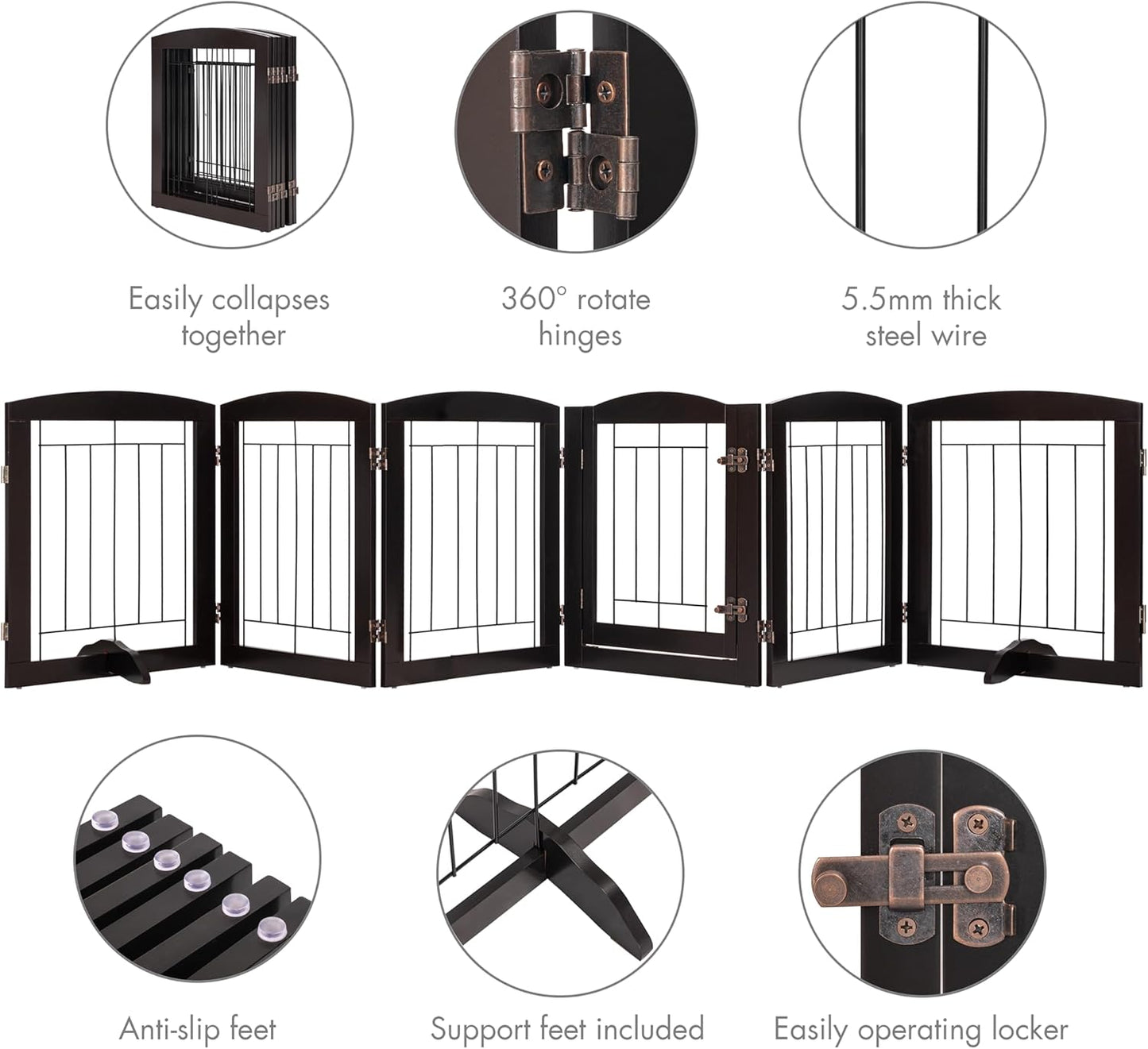 PAWLAND Free Standing Dog Gates for The House Stairs Doorways Indoor Foldable Wooden Small White Puppy Pet Gate Step Over Fence 60" W 24" H 3 Panels