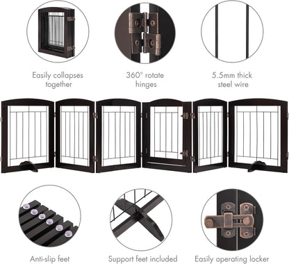 PAWLAND Free Standing Dog Gates for The House Stairs Doorways Indoor Foldable Wooden Small White Puppy Pet Gate Step Over Fence 60" W 24" H 3 Panels