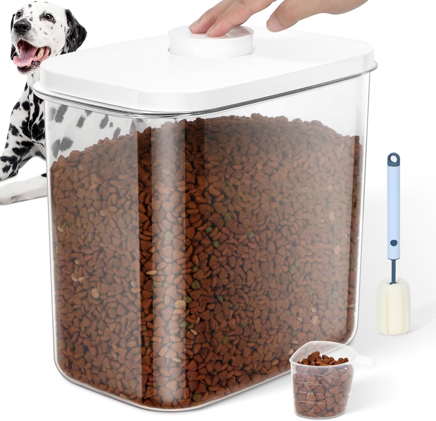 6 lbs Airtight Dog Cat Food Storage Container and Dog Treat Containers BPA-Free, PET Clear Stackable Pet Storage Bin, 1-Cup Scoop, 1-Sponge cleaning brush, Pop Top, With handle, Easy Mobility-Medium