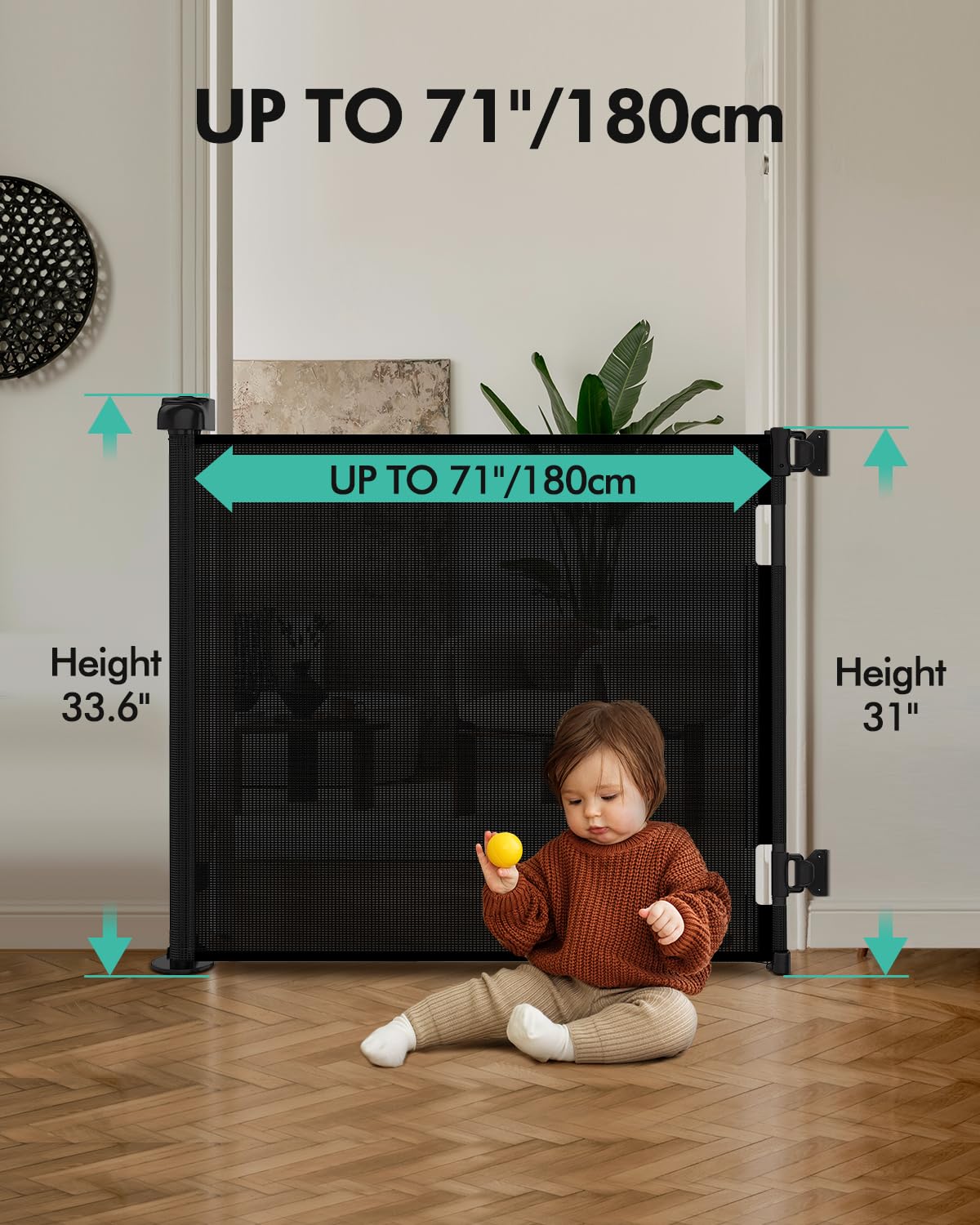 Retractable Baby Gates, Mesh Dog Gate for Doorways, 33.6" Tall, Expands to 55" Wide,Pet Safety Essential Fit for Baseboards, Wide Toddlers Gates for Hallways, Indoor & Outdoor,Gray