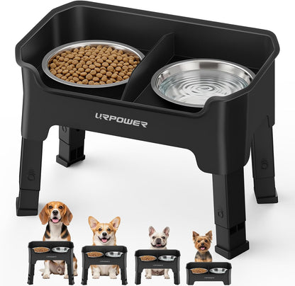 URPOWER 3-in-1 Elevated Dog Bowls - Mess Proof Double Deck 4 Height Adjustable Raised Stand with 2 Stainless Steel Food Bowls & Licking Plate for Small, Medium & Large Dogs