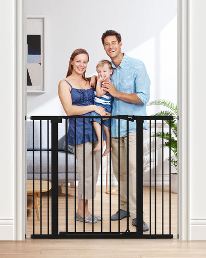 keny 29.7"-46" Baby Gate for Stairs, Auto Close Dog Gates for Doorways, Pressured Mounted No Drilling Pet Gate Extra Wide, One-Hand Opening Dual Lock Stair Gate, Indoor Kids Necessities, Black