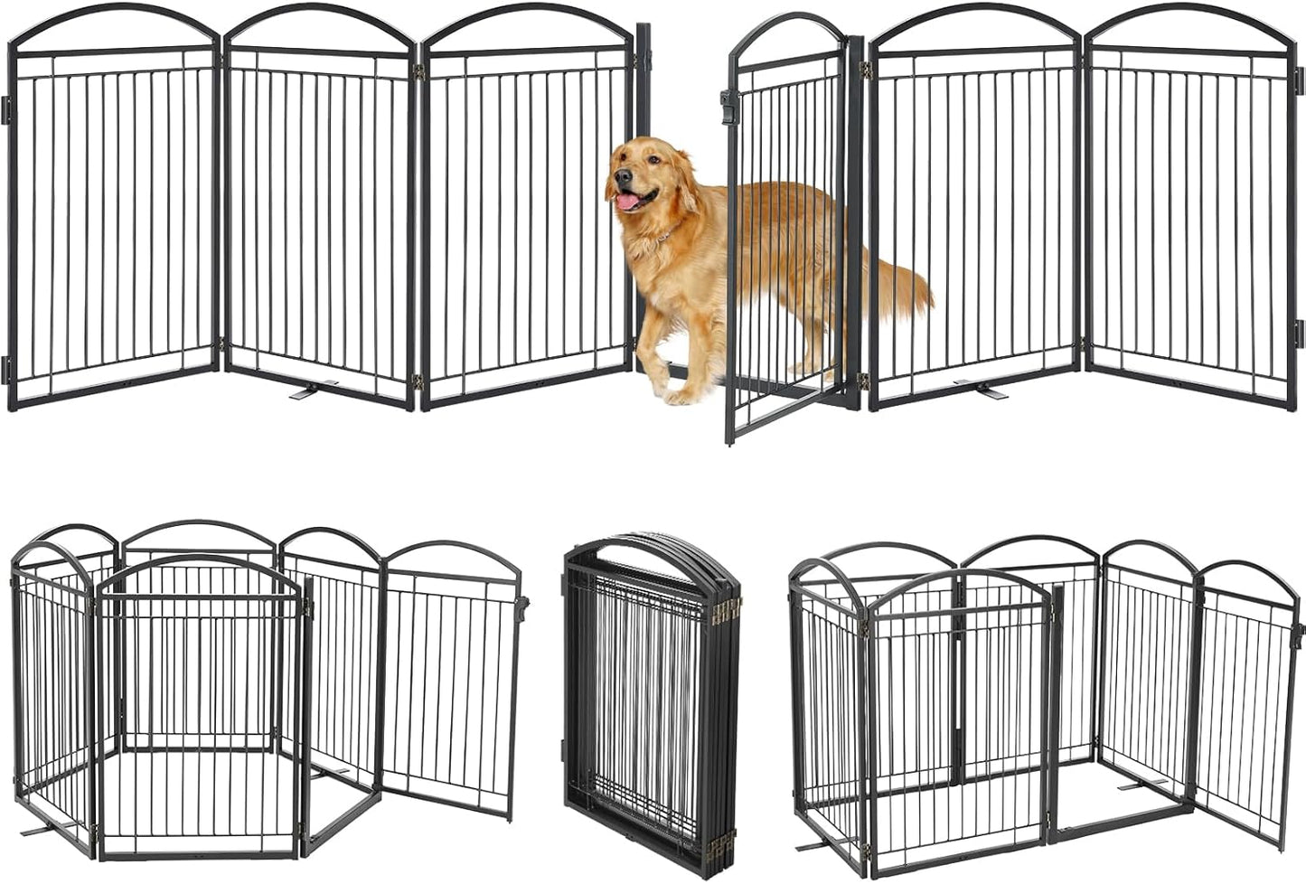 Full Metal Free Standing Dog Gate with Door for Indoor & Outdoor,96'' Extra Wide 32'' Tall Dog Gate for The Doorways,Large Openings,Decks,Porch,Pet Freestanding Safety Fence(4 Panels,Black)