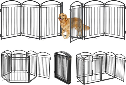Full Metal Free Standing Dog Gate with Door for Indoor & Outdoor,96'' Extra Wide 32'' Tall Dog Gate for The Doorways,Large Openings,Decks,Porch,Pet Freestanding Safety Fence(4 Panels,Black)