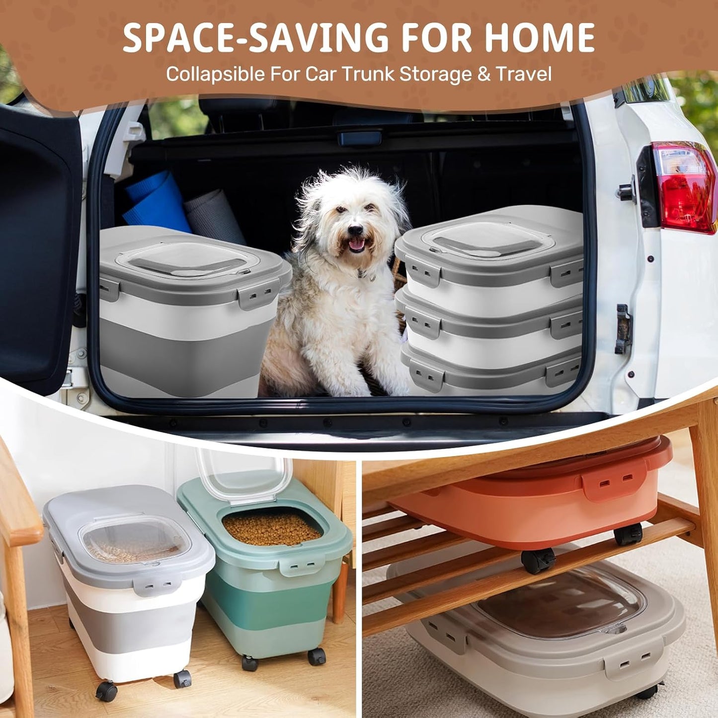 SEWIU 2pack 25 lbs Dog Food Storage Container,Collapsible Dog Food Container with Scoop,Pet/Dog/Cat/Bird Food/Cat litter Storage Containers to Keep Dry,Easy to Move.(Black+white)