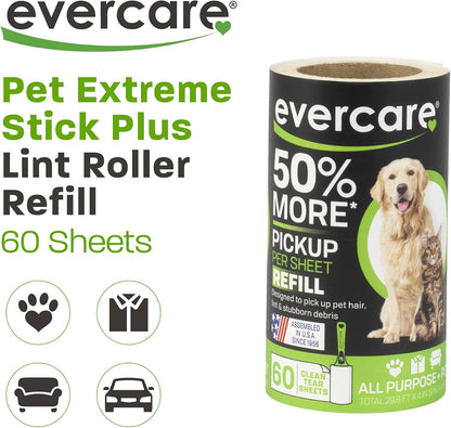 Evercare Pet Lint Roller Refill, Manual Operation, 60 Sheets per Roll, 6 Count Refill Pack for Pet Hair Removal, Green