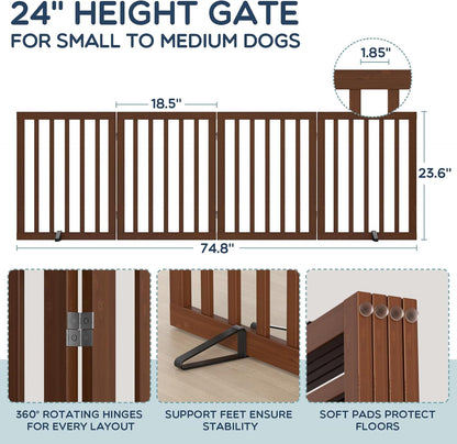 Homykic Bamboo Freestanding Dog Gate, No Assembly Pet Gate Indoor, 24”H x 75”W Extra Wide Foldable Puppy Fence with Support Feet for the House, Doorways Stairs, 4 Panels, No Drilling, Espresso