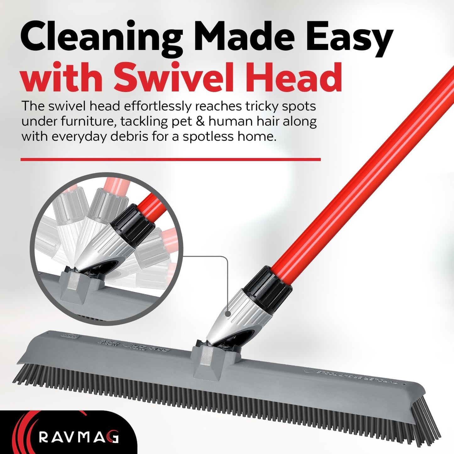 2-in-1 Silicone Rubber Broom Carpet Rake and Squeegee - Swivel Pet Hair Removal Broom - 4 Piece Handle - Slanted Side Bristles for Corners - Multipurpose Rubber Broom for Carpet, Hardwood Floor, Tile