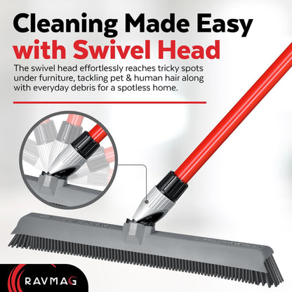 2-in-1 Silicone Rubber Broom Carpet Rake and Squeegee - Swivel Pet Hair Removal Broom - 4 Piece Handle - Slanted Side Bristles for Corners - Multipurpose Rubber Broom for Carpet, Hardwood Floor, Tile