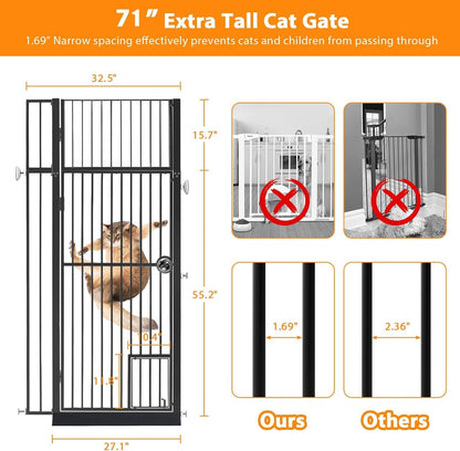 71" Extra Tall Pet Gate with Cat Door, Walk Through Pet Gate Pressure Mounted No Drilling, 28.7"-37.5" Wide, Auto Close Metal Safety Barrier for Stairs Hallway House, White