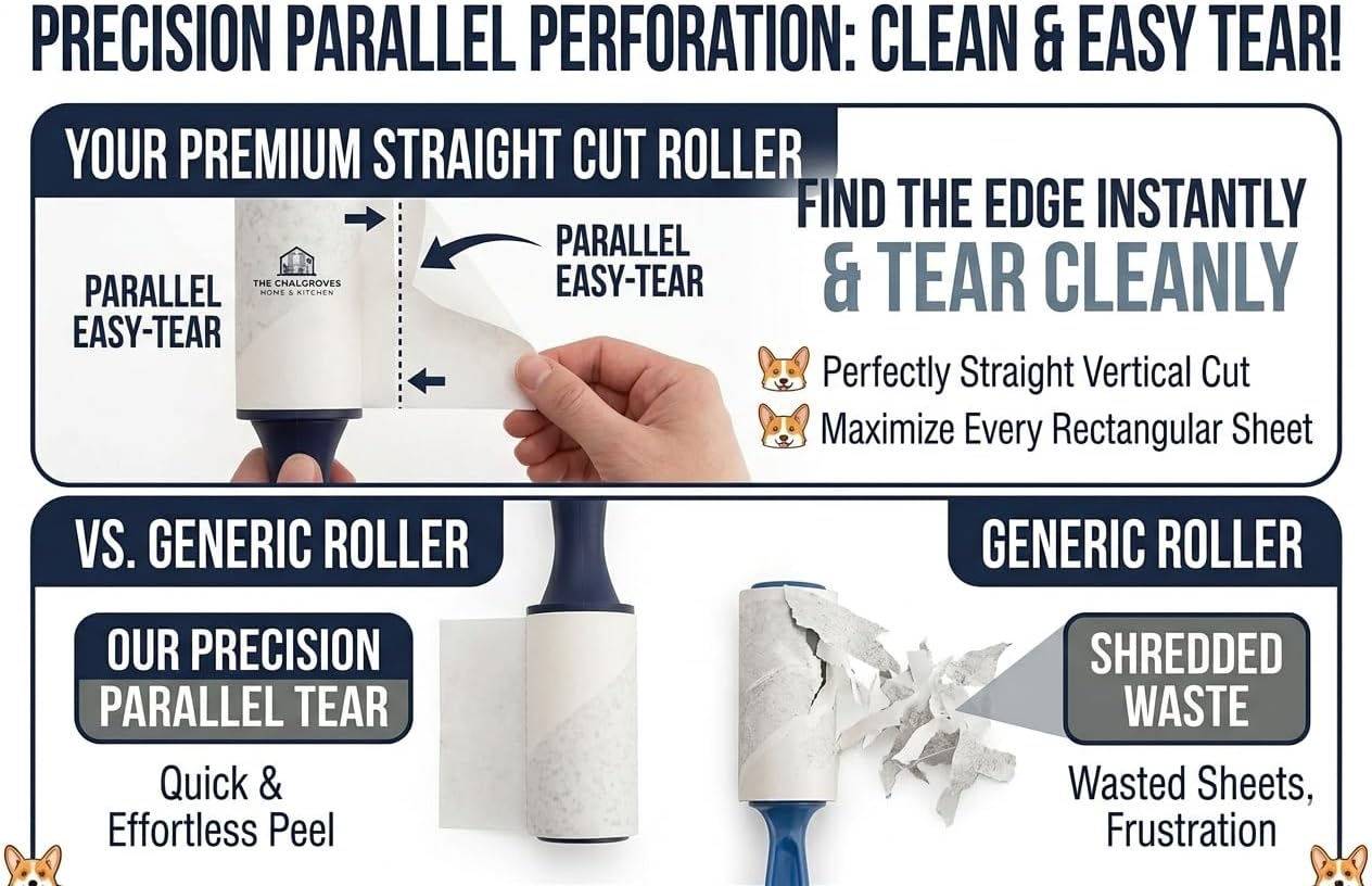 Extra Sticky Lint Roller for Pet Hair (600 Sheets) — 6-Pack, Straight-Cut Sheets, Ergonomic Navy Handles — Cat & Dog Hair Remover for Clothes, Furniture & Car