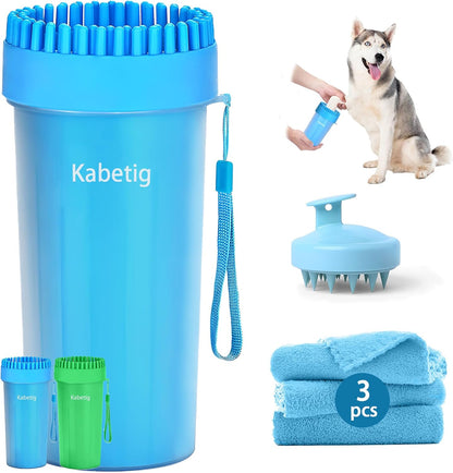 Dog Paw Cleaner Kit for L/XL Dogs - Quick Clean No Full Bath, 2-in-1 Paw Wash Cup with Detachable Silicone Brush Head, Includes Bath Brush & 3 Absorbent Towels, Blue