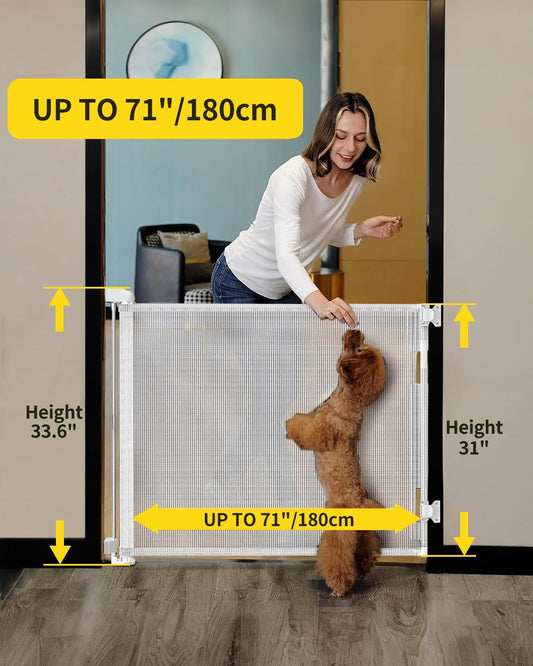 Retractable Baby Gate,Mesh Baby Gate or Mesh Dog Gate,33" Tall,Extends up to 71" Wide,Child Safety Gate for Doorways,Stairs,Hallways,Indoor/Outdoor（White,33"x71"）