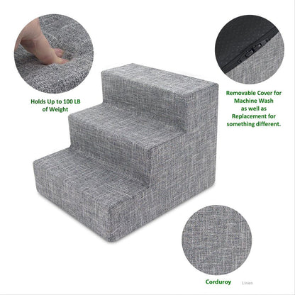 Best Pet Supplies Dog Stairs for Small Dogs & Cats, Foam Pet Steps Portable Ramp for Couch Sofa and High Bed Non-Slip Balanced Indoor Step Support, Paw Safe No Assembly - Ash Gray Linen, 3-Step