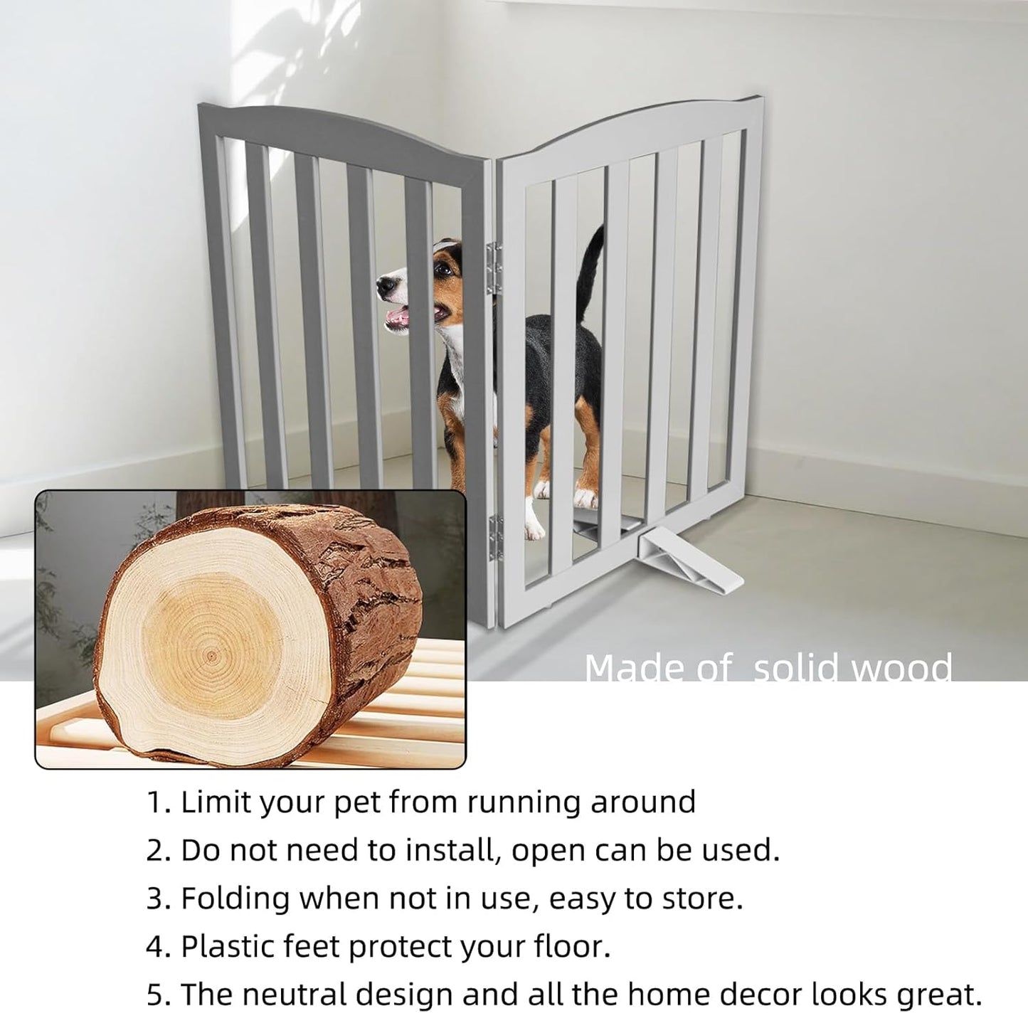 ZJSF Foldable Freestanding Indoor Dog Gate for House Wood White Long Pet Gates Dog Fence for Stairs Puppy Gates for Hallways,Pet Fence, Puppy Gate,Support Feet Included 24 "Height-3 Panels